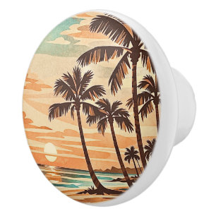 mid century modern beach Hawaii sunset palm trees  Ceramic Knob