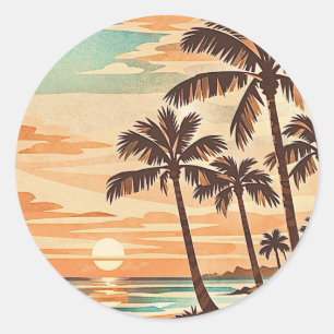 mid century modern beach Hawaii sunset palm trees Classic Round Sticker