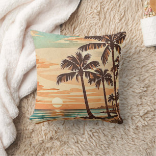 mid century modern beach Hawaii sunset palm trees Cushion