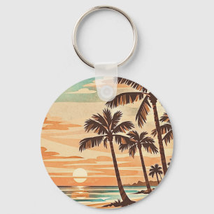 mid century modern beach Hawaii sunset palm trees Key Ring