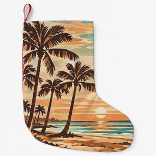 mid century modern beach Hawaii sunset palm trees Small Christmas Stocking