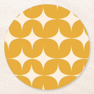 Mid Century Modern Beige Starbursts on Orange Round Paper Coaster