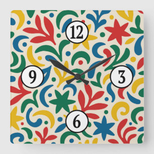Mid Century Modern Biophilic Pattern Square Wall Clock