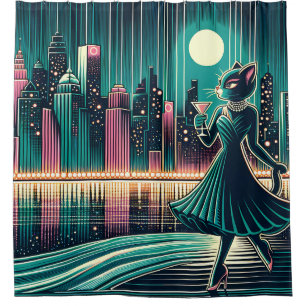 “Mid-Century Modern Black Cat Elegance” Shower Curtain