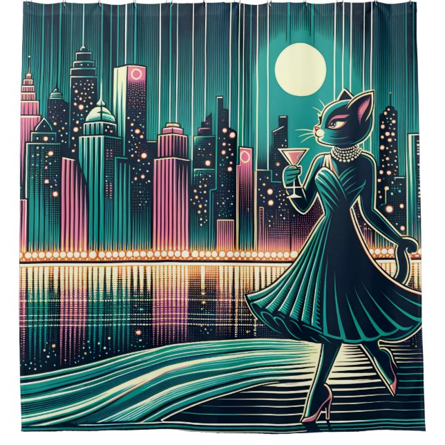 “Mid-Century Modern Black Cat Elegance” Shower Curtain (Front)