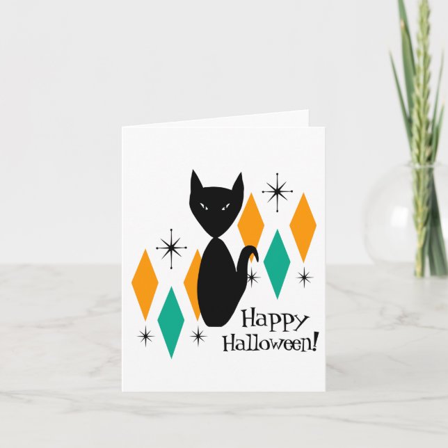 Mid Century Modern Black Cat Happy Halloween Card (Front)