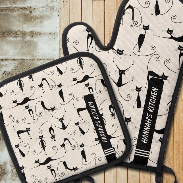 Mid-century Modern Black Cat Oven Mitt & Pot Holder Set (Make every day in the kitchen a blast with this fun mid-century modern cat pattern on pot holders.)
