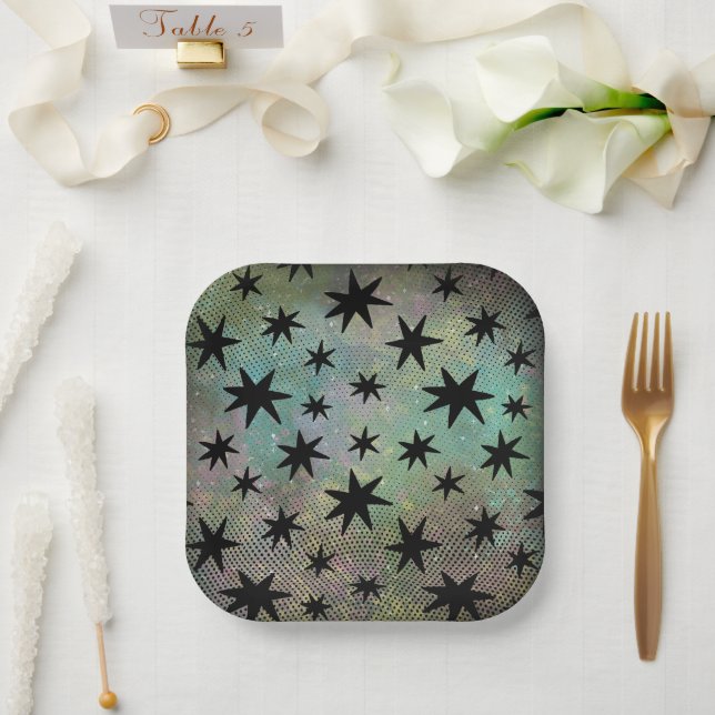 Mid Century Modern Black Stars Paper Plate (Wedding)