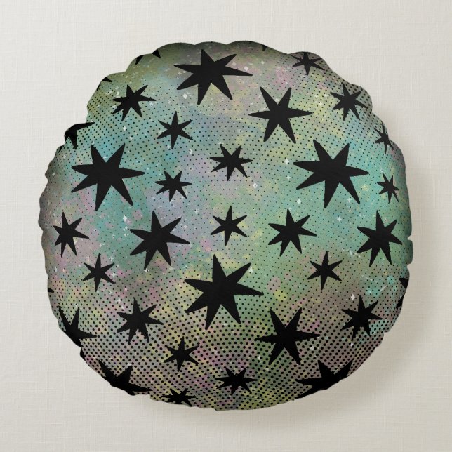 Mid Century Modern Black Stars Round Cushion (Front)