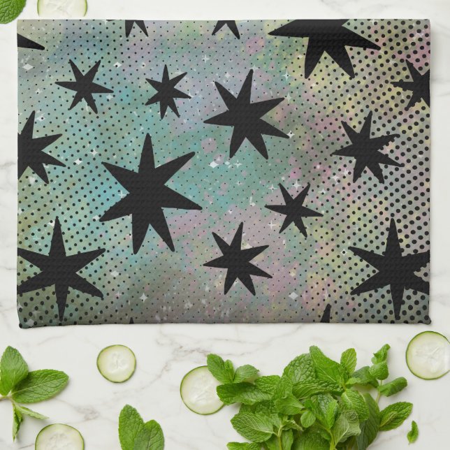 Mid Century Modern Black Stars  Tea Towel (Folded)
