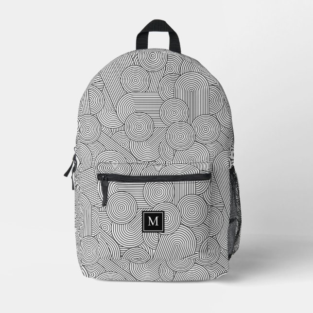 Mid Century Modern Black White Monogrammed Initial Printed Backpack (Front)