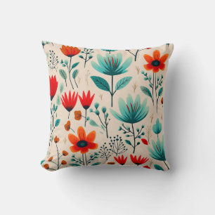 Mid Century Modern, Blue And Orange Flowers Cushion