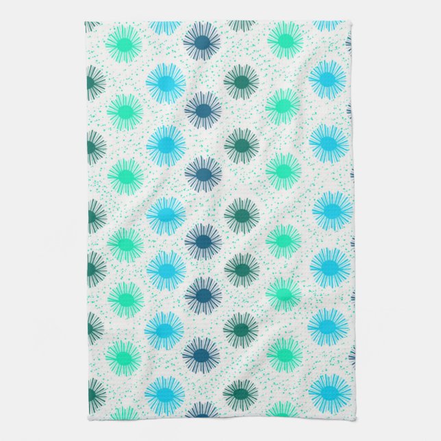 Mid Century Modern Blue Green Kitchen Tea Towel (Vertical)