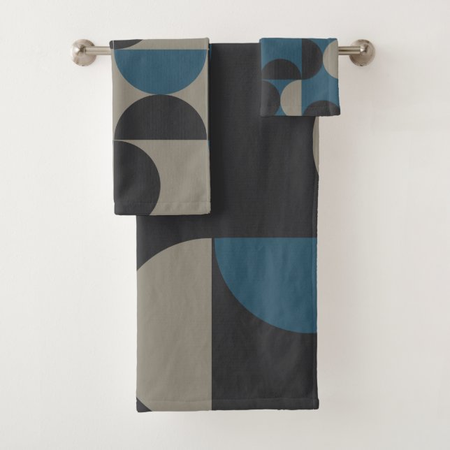 Mid-Century Modern Blue Grey Gunmetal   Bath Towel Set (Insitu)