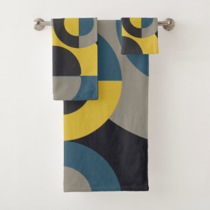 Mid-Century Modern Blue yellow Gunmetal     Bath Towel Set
