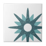 Mid-Century Modern Bold Turquoise Ceramic Tile<br><div class="desc">Mid-century modern inspired design featuring a single vintage retro turquoise starburst off-set to the lower right, on a white background. Simple, clean modern design. Create your own custom tile by uploading a new image, or use the "message" button to contact the designer for help. To create your own design: 1....</div>
