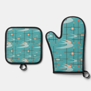 Mid Century Modern Boomerangs on Turquoise Oven Mitt & Pot Holder Set
