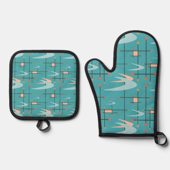 Mid Century Modern Boomerangs on Turquoise Oven Mitt & Pot Holder Set (Front)