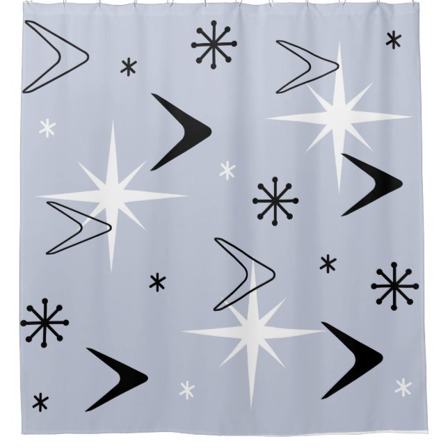 Mid Century Modern Boomerangs Silver Blue Shower Curtain (Front)