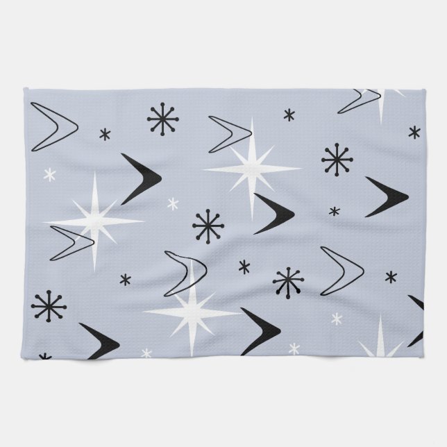 Mid Century Modern Boomerangs Silver Blue Tea Towel (Horizontal)
