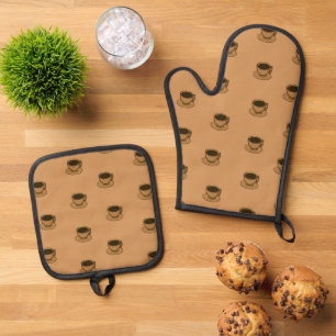 Mid Century Modern Brown Cosy Coffee Cup Oven Mitt & Pot Holder Set