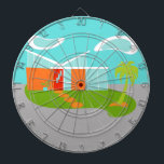 Mid Century Modern Cartoon House Dart Board<br><div class="desc">This Mid Century Modern Cartoon House Dart Board will have you wanting to put out the WELCOME mat and make yourself at home! The 1960's, minimalist art design features a sleek, orange stone and aqua glass house on a lush, green, boomerang shaped lawn. The lawn forms an oasis in the...</div>