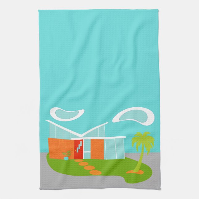 Mid Century Modern Cartoon House Kitchen Towel (Vertical)