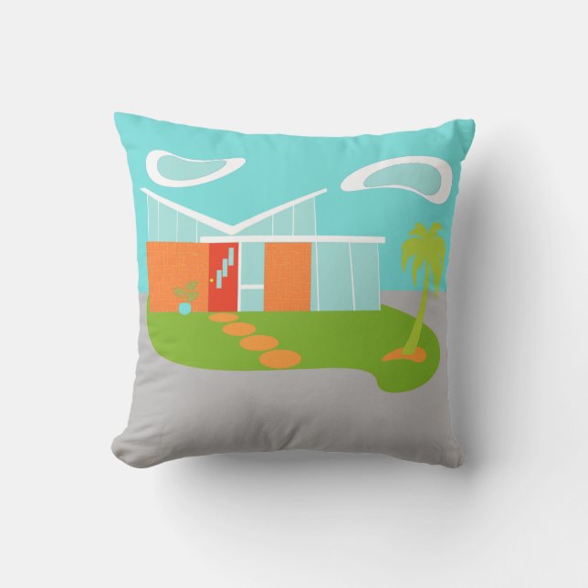 Mid Century Modern Cartoon House Outdoor Pillow (Front)