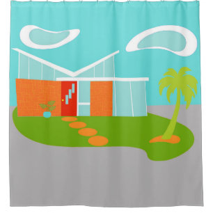 Mid Century Modern Cartoon House Shower Curtain