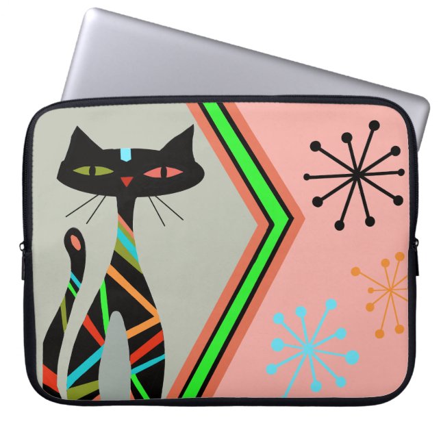 Mid century modern cat art laptop sleeve (Front)
