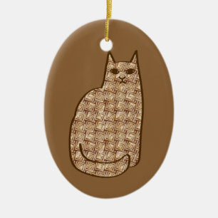 Mid-Century Modern Cat, Beige and Light Brown Ceramic Tree Decoration