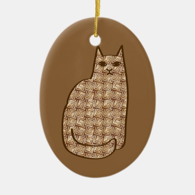 Mid-Century Modern Cat, Beige and Light Brown   Ceramic Tree Decoration (Front)