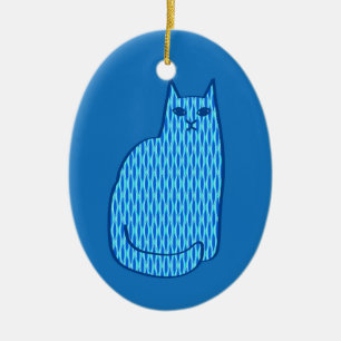 Mid-Century Modern Cat, Cobalt and Light Blue    Ceramic Tree Decoration