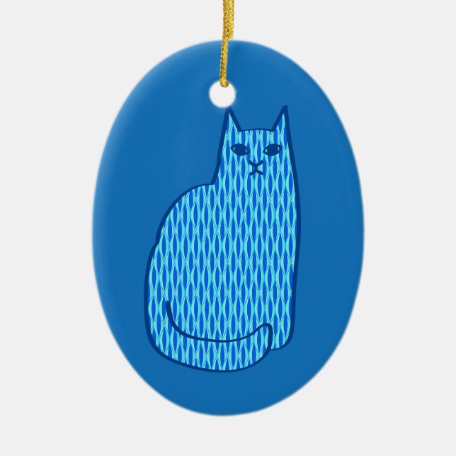 Mid-Century Modern Cat, Cobalt and Light Blue    Ceramic Tree Decoration (Front)