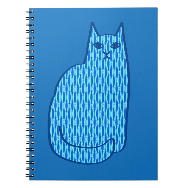 Mid-Century Modern Cat, Cobalt and Light Blue Notebook (Front)