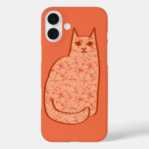 Mid-Century Modern Cat, Coral Orange and White iPhone 16 Plus Case