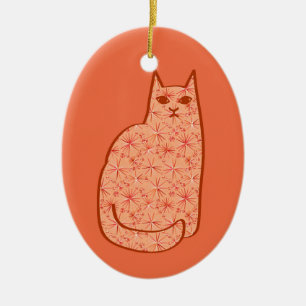 Mid-Century Modern Cat, Coral Orange and White  Ceramic Tree Decoration