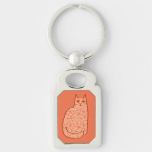 Mid-Century Modern Cat, Coral Orange and White Key Ring