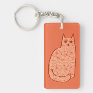 Mid-Century Modern Cat, Coral Orange and White  Key Ring