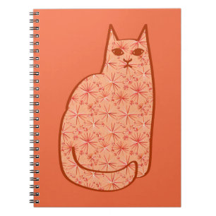 Mid-Century Modern Cat, Coral Orange and White Notebook