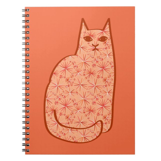 Mid-Century Modern Cat, Coral Orange and White Notebook (Front)