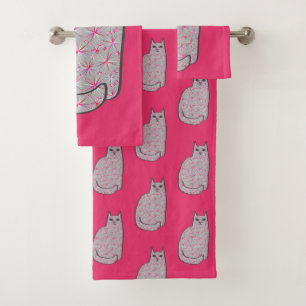 Mid-Century Modern Cat, Fuchsia and Light Pink Bath Towel Set