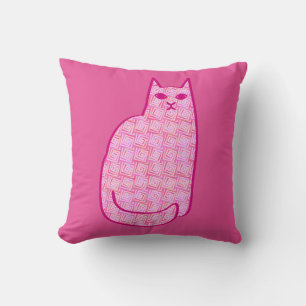 Mid-Century Modern Cat, Fuchsia and Light Pink Cushion