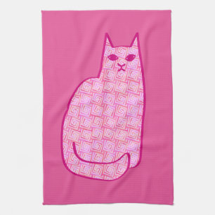 Mid-Century Modern Cat, Fuchsia and Light Pink Tea Towel