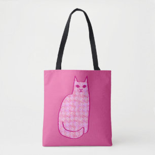 Mid-Century Modern Cat, Fuchsia and Light Pink Tote Bag