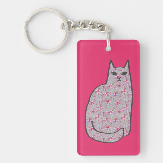 Mid-Century Modern Cat, Fuchsia Pink and Grey Key Ring (Front)