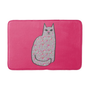 Mid-Century Modern Cat, Gray and Fuchsia Pink Bath Mat