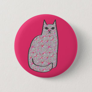 Mid-Century Modern Cat, Grey / Grey and Pink 6 Cm Round Badge