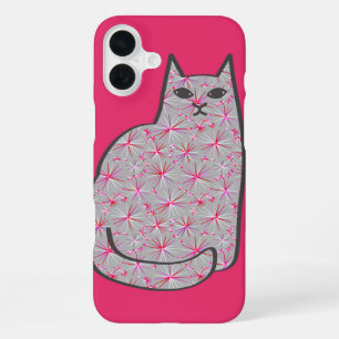 Mid-Century Modern Cat, Grey / Grey and Pink iPhone 16 Plus Case