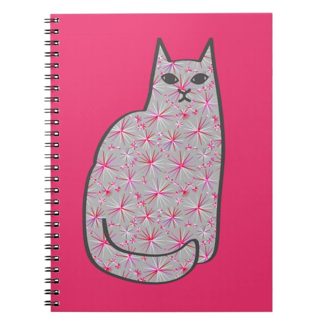 Mid-Century Modern Cat, Grey / Grey and Pink Notebook (Front)